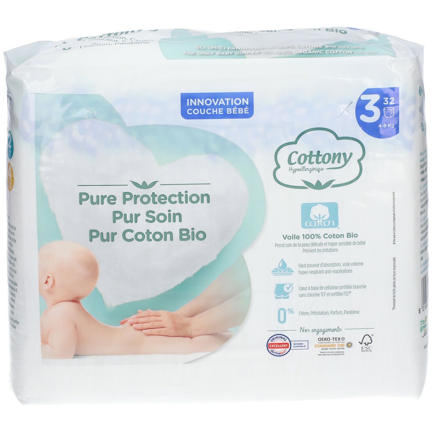 Verpakking Cottony luiers, maat 3, 4-9 kg. Opschrift: Pure Protection, Pur Coton Bio. 32 stuks. Plastic verpakking. Certificeringen.