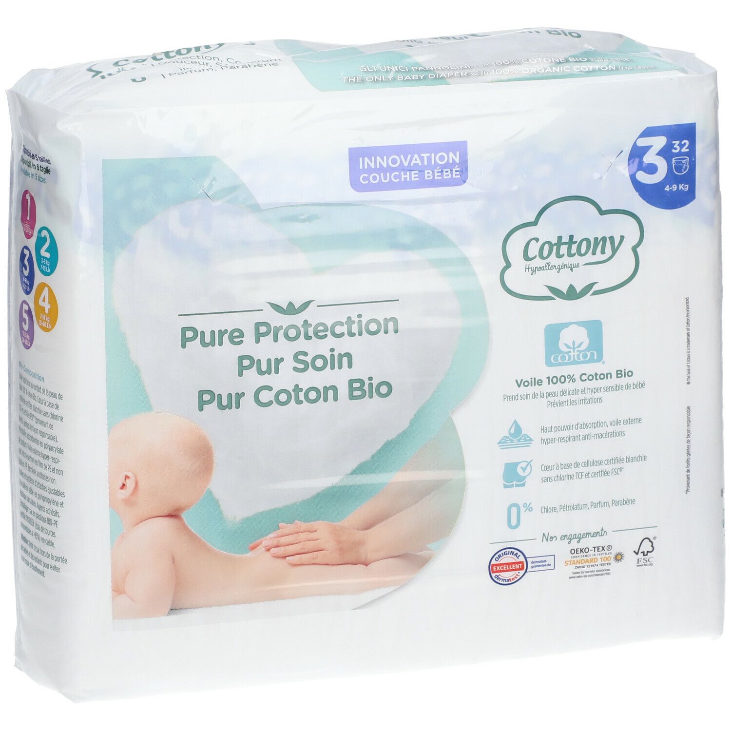 Verpakking Cottony luiers, maat 3, 4-9 kg. Opschrift: Pure Protection, Pur Coton Bio. Maten 1-5. Plastic. Certificeringen.