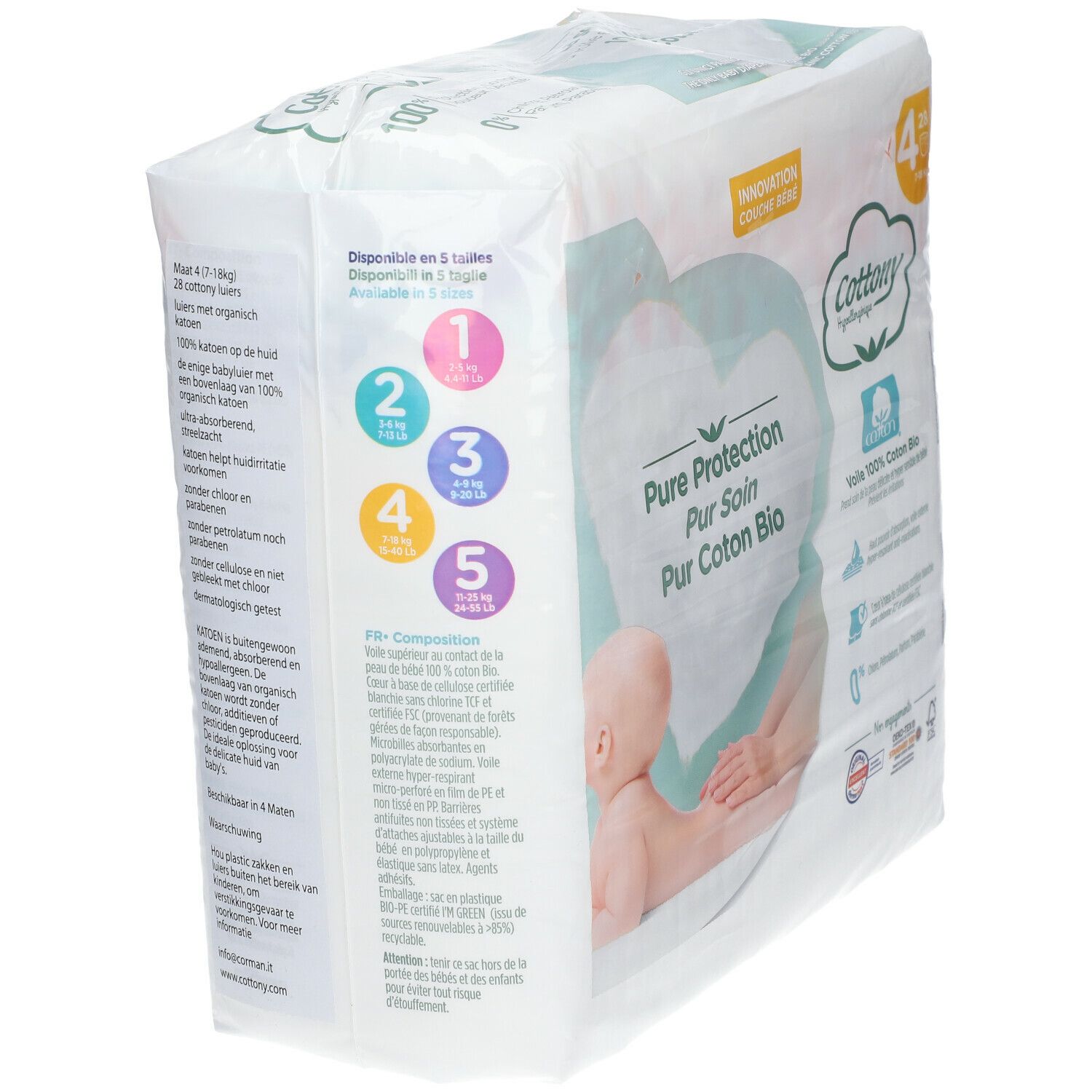 Cottony Windelpackung, Größe 4. Auf der Seite Größenangaben: 1-5. Text: Pure Protection, 100% Bio-Baumwolle.