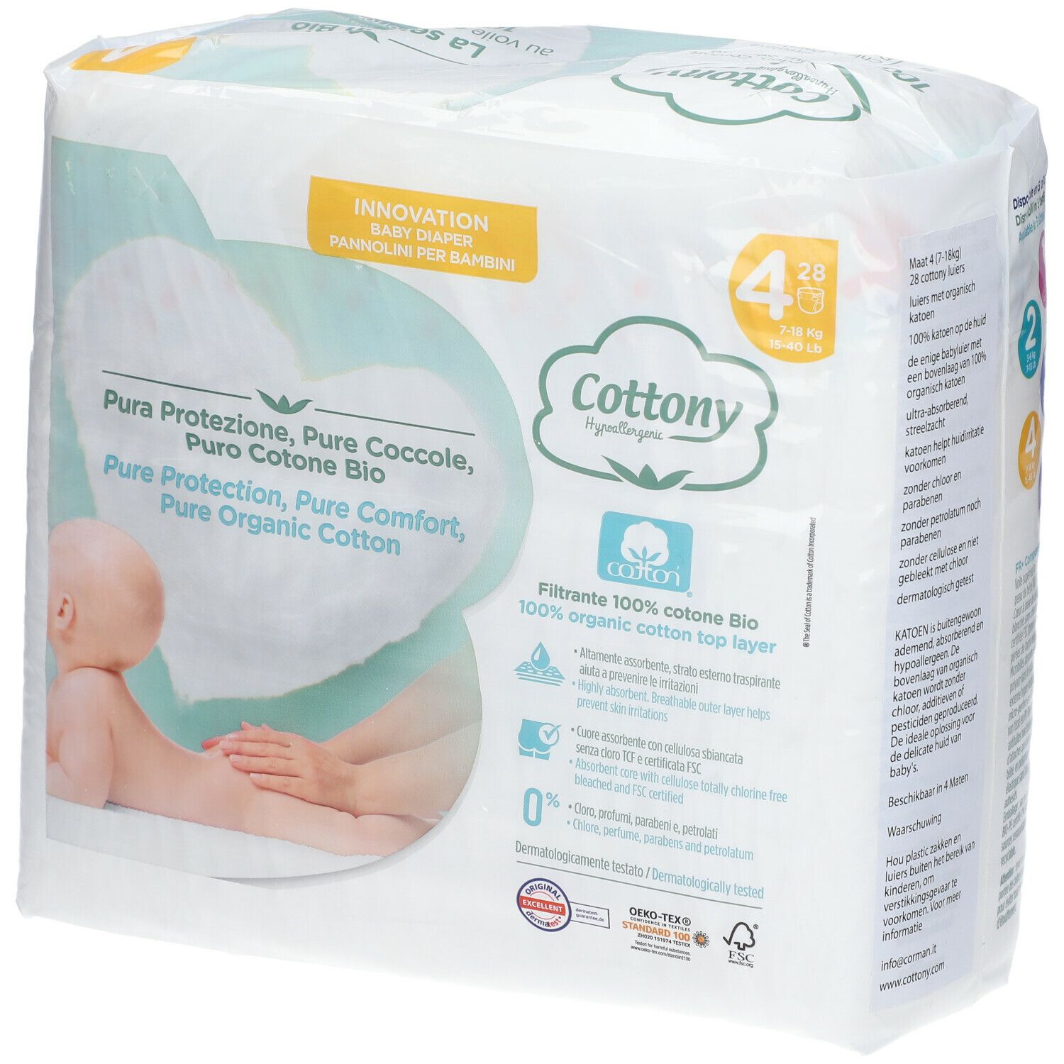 Cottony Windelpackung, Größe 4. Aufdruck: Pure Protection, 100% Bio-Baumwolle. Zertifizierungen: OEKO-TEX, FSC.
