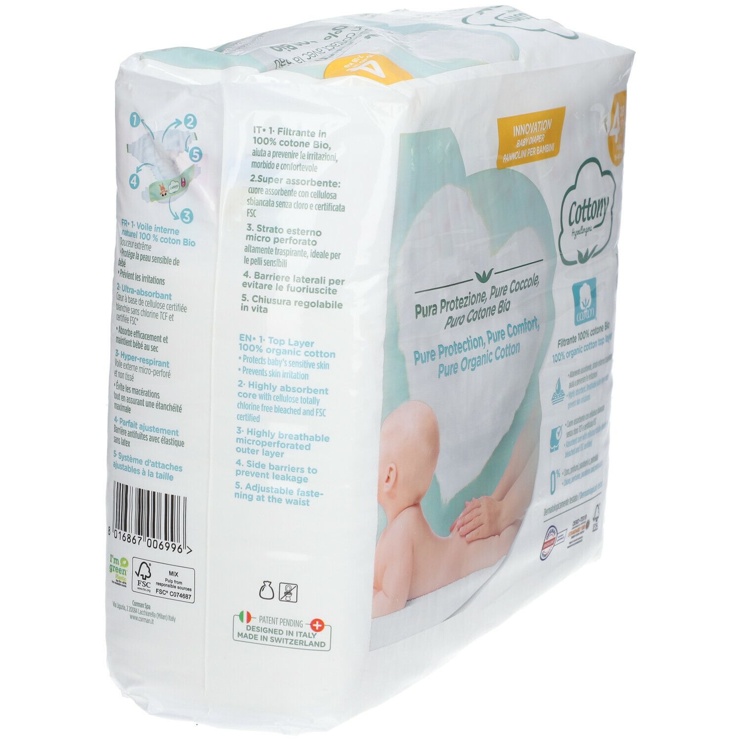 Cottony Windelpackung, Größe 4. Aufdruck: Pure Protection, 100% Bio-Baumwolle. Details der Windel auf der Seite.