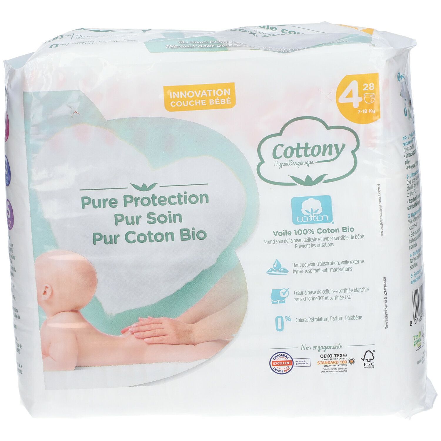 Cottony Windelpackung, Größe 4. Aufdruck: Pure Protection, 100% Bio-Baumwolle. Zertifizierungen: OEKO-TEX, FSC.