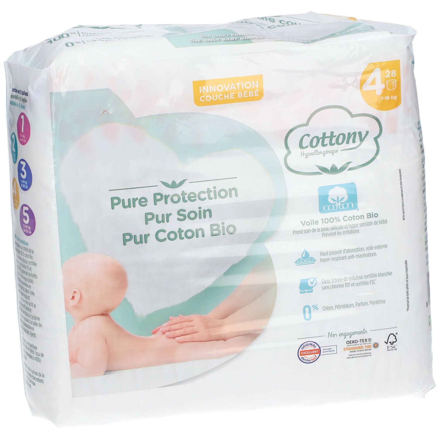 Cottony Windelpackung, Größenangaben 1-5. Aufdruck: Pure Protection, 100% Bio-Baumwolle. Zertifizierungen: OEKO-TEX, FSC.