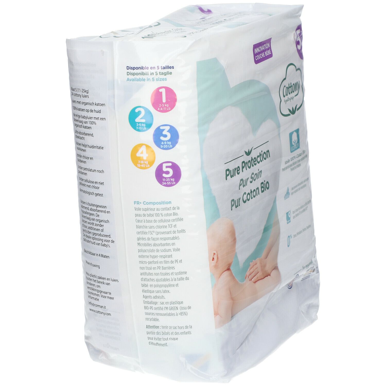 Cottony Windelpackung, Größe 5. Aufdruck: Pure Protection, Bio-Baumwolle. Größen 1-5 verfügbar. Gewicht: 11-25 kg.