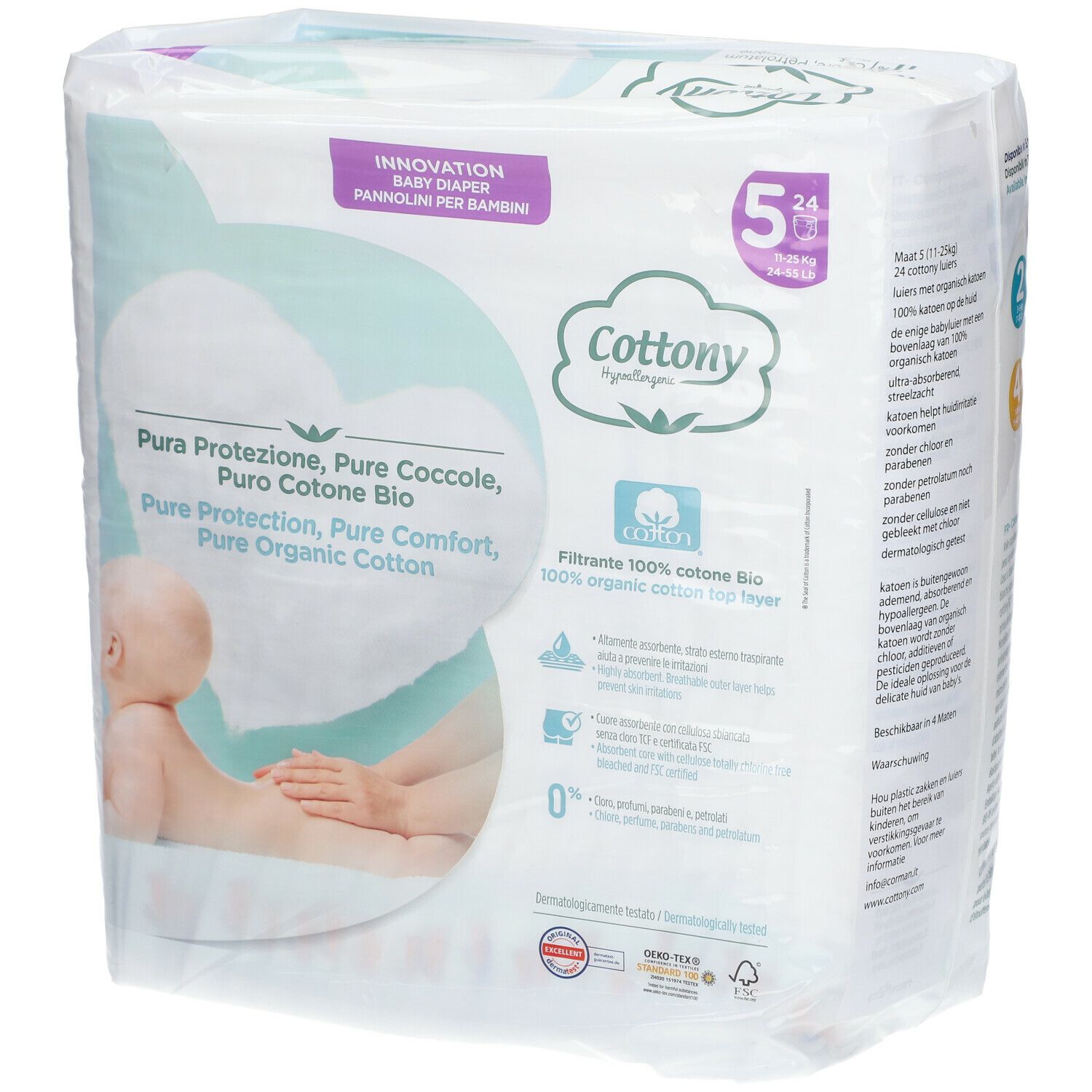 Verpackung Cottony Windeln, Größe 5. Aufdruck: Pure Protection, Pure Coccole, Pure Cotone Bio, Pure Organic Cotton. 100% Bio-Baumwolle.