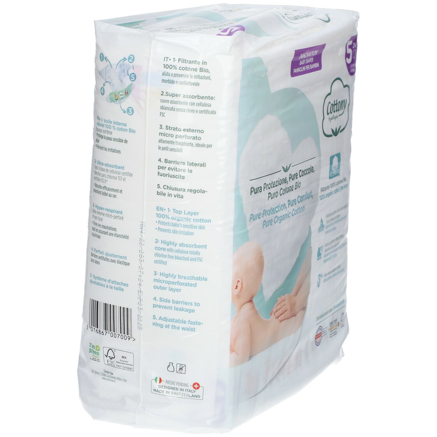 Cottony Windelpackung, Größe 5. Rückseite mit Produktinformationen. Aufdruck: Pure Protection, Pure Coccole, Pure Organic Cotton.