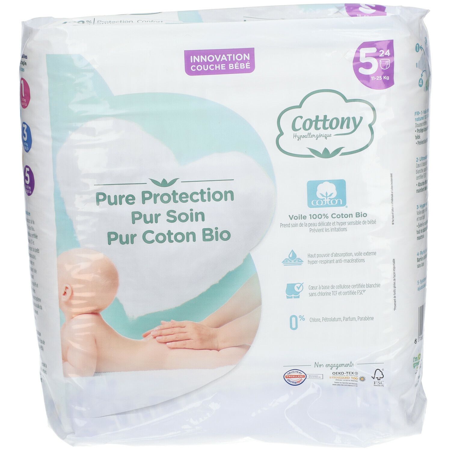 Verpackung Cottony Windeln, Größe 5. Aufdruck: Pure Protection, Pur Soin, Pur Coton Bio. 100% Bio-Baumwolle. Gewicht: 11-25 kg.