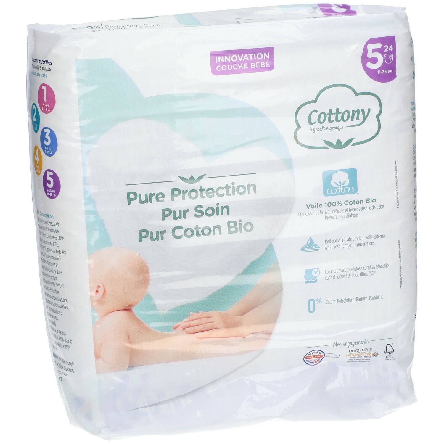 Cottony Windelpackung, Größen 1-5. Aufdruck: Pure Protection, Pur Soin, Pur Coton Bio. Gewicht: 11-25 kg.