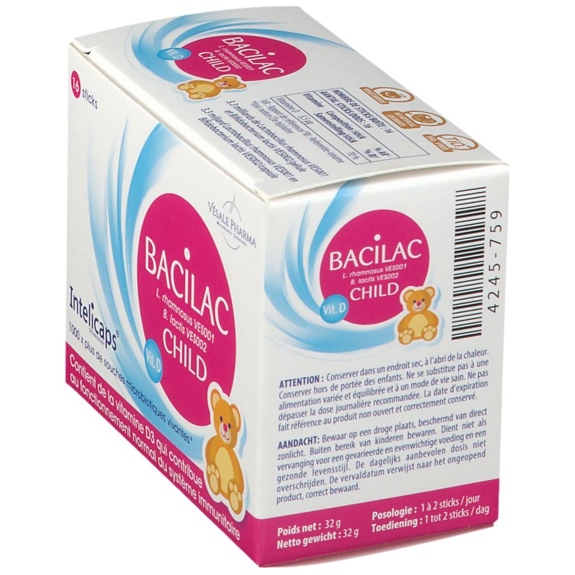 Verpakking van BACILAC CHILD met 16 sticks. Roze logo met beer. Bevat vitamine D3. Vesale Pharma.