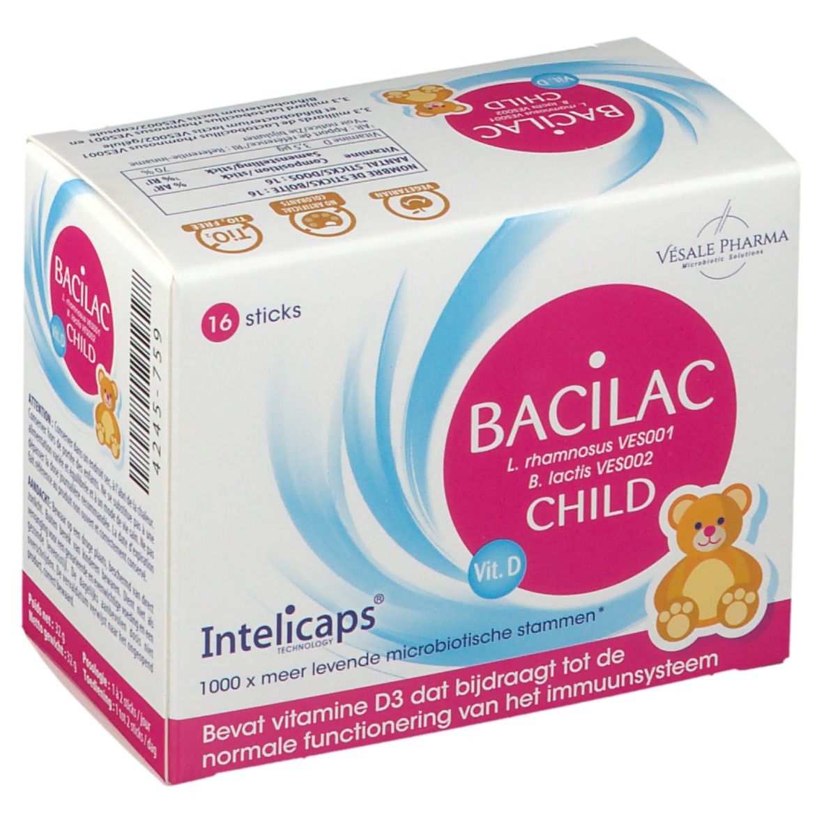 Verpakking van BACILAC CHILD met 16 sticks. Roze logo met beer. Bevat vitamine D3. Vesale Pharma.