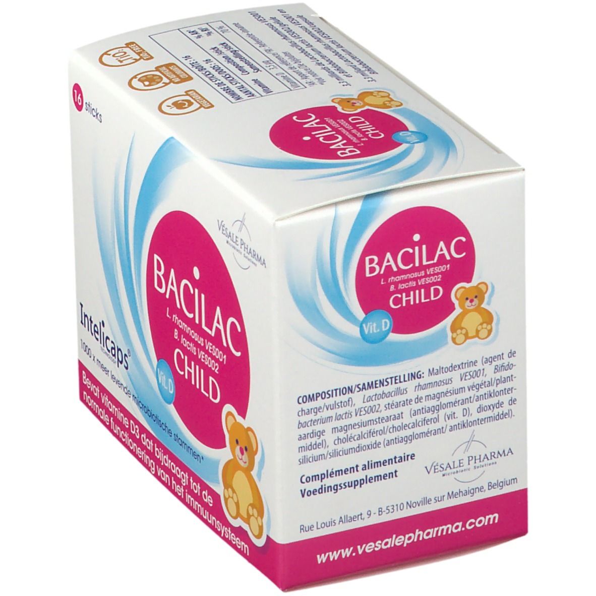 Verpakking van BACILAC CHILD met 16 sticks. Roze logo met beer. Bevat vitamine D3. Vesale Pharma.