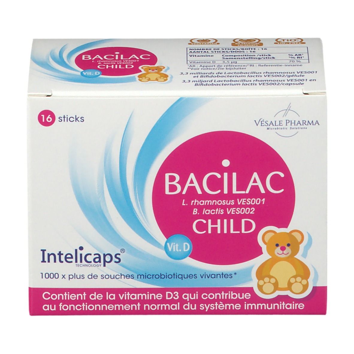 Verpakking van BACILAC CHILD met 16 sticks. Roze logo met beer. Bevat vitamine D3. Vesale Pharma.