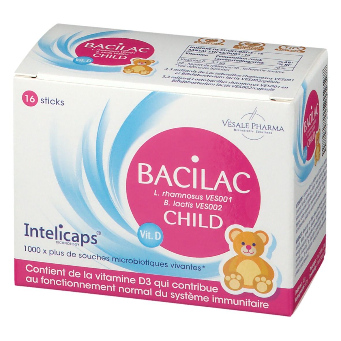Verpakking van BACILAC CHILD met 16 sticks. Roze logo met beer. Bevat vitamine D3. Vesale Pharma.