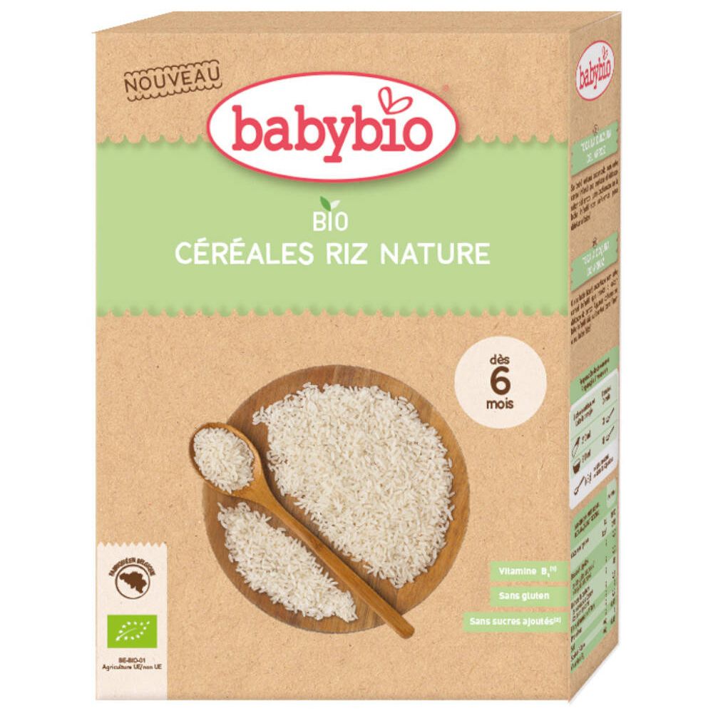 Verpakking Babybio Bio Naturreis Getreideflocken. Opschrift: Bio, Céréales Riz Nature, dès 6 mois. Met lepel en rijst.