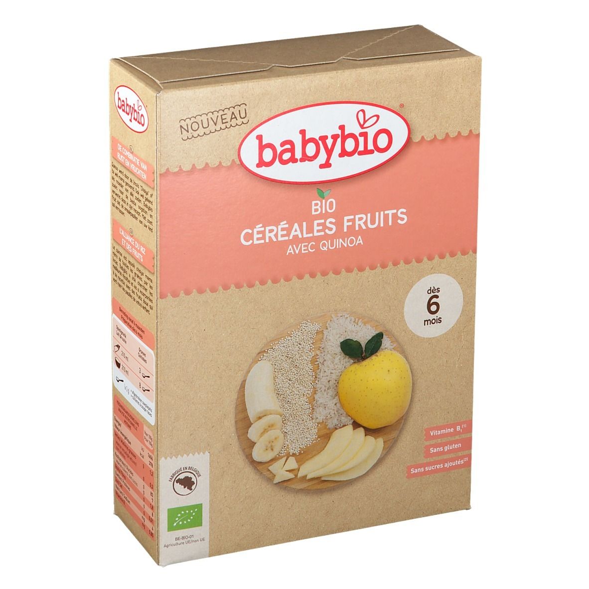 babybio® Bio Granen met fruit en quinoa. Doos met afbeelding van fruit. Vanaf 6 maanden.