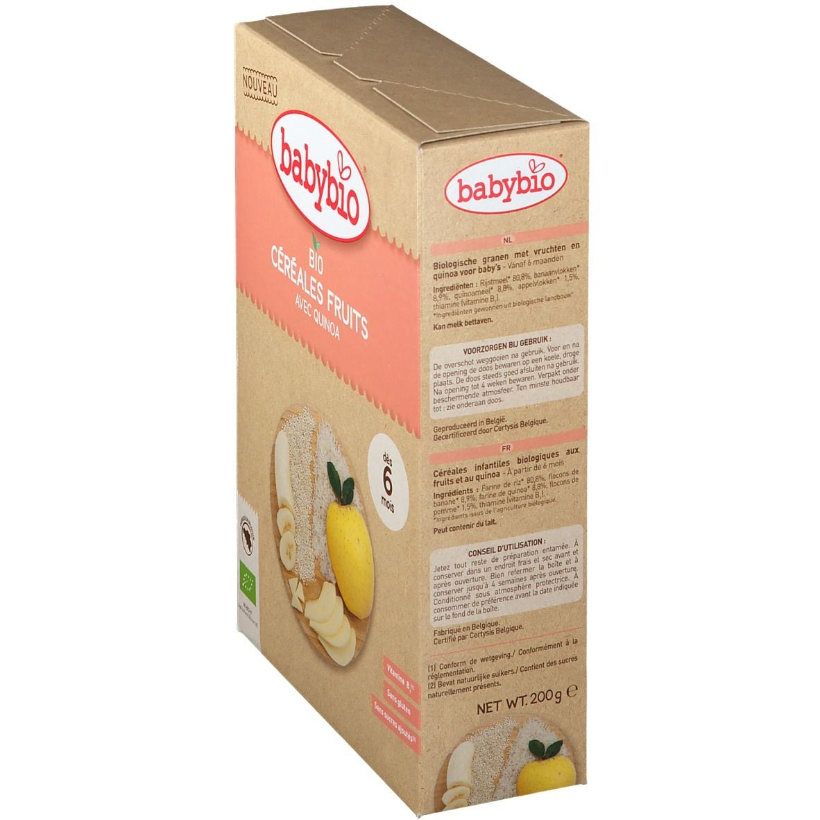 babybio® Bio Granen met fruit en quinoa. Doos met productinformatie en ingrediënten. Vanaf 6 maanden.