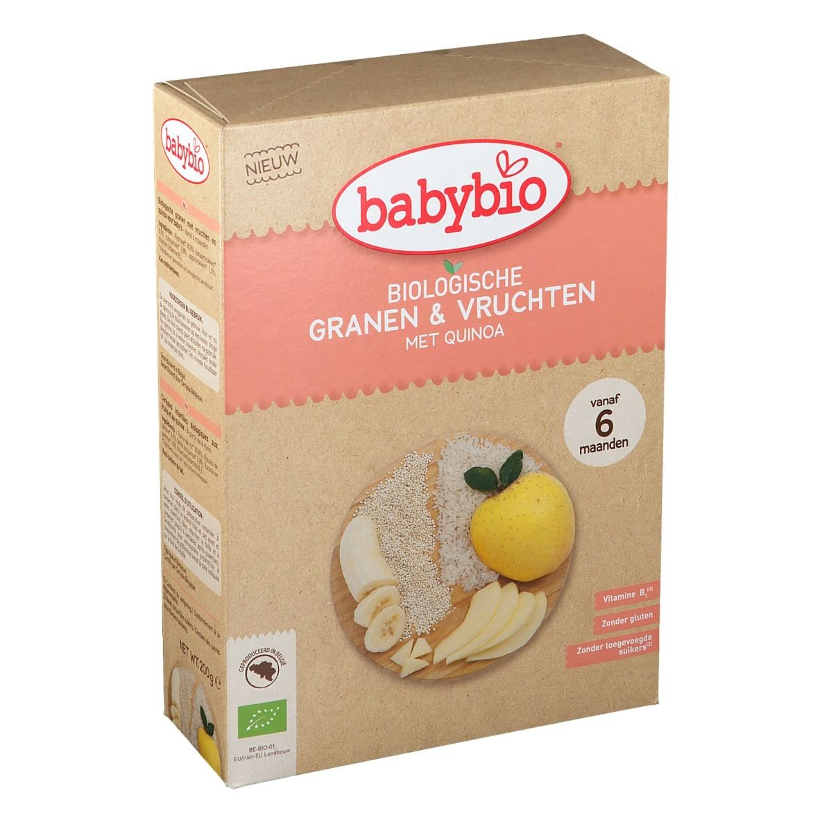 babybio® Bio Granen met fruit en quinoa. Doos met afbeelding van fruit. Vanaf 6 maanden.