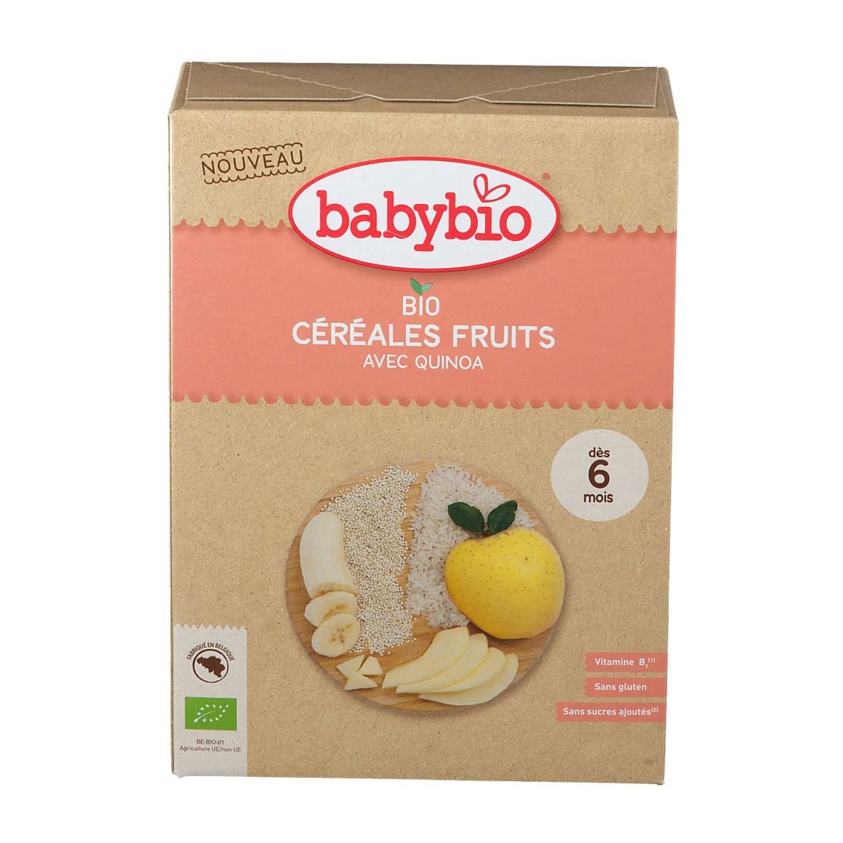 babybio® Bio Granen met fruit en quinoa. Doos met afbeelding van fruit. Vanaf 6 maanden.
