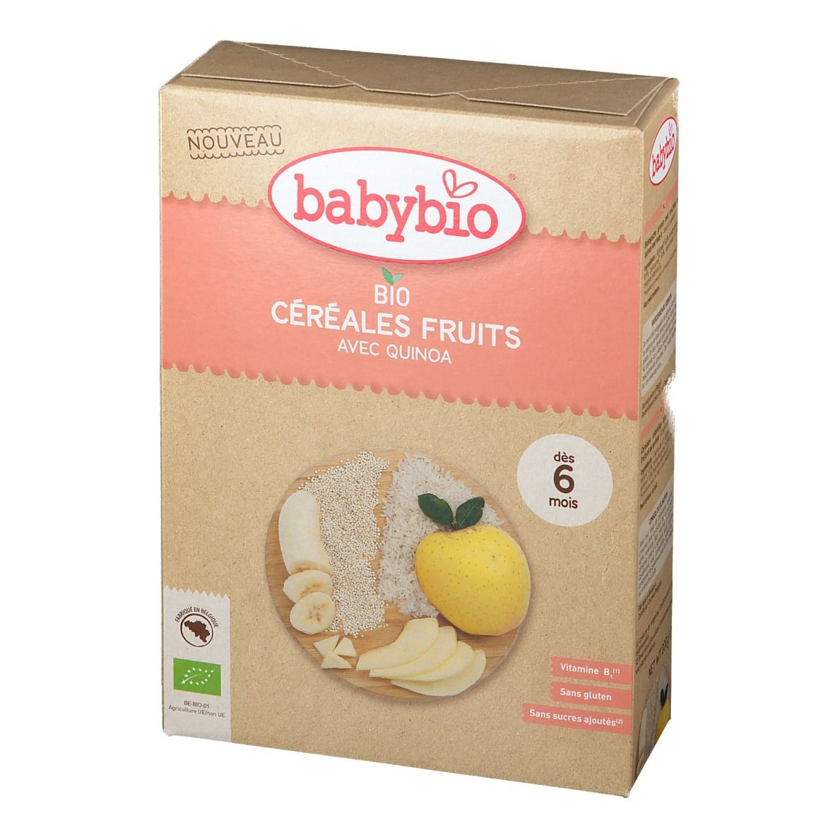 babybio® Bio Granen met fruit en quinoa. Doos met afbeelding van fruit. Vanaf 6 maanden.