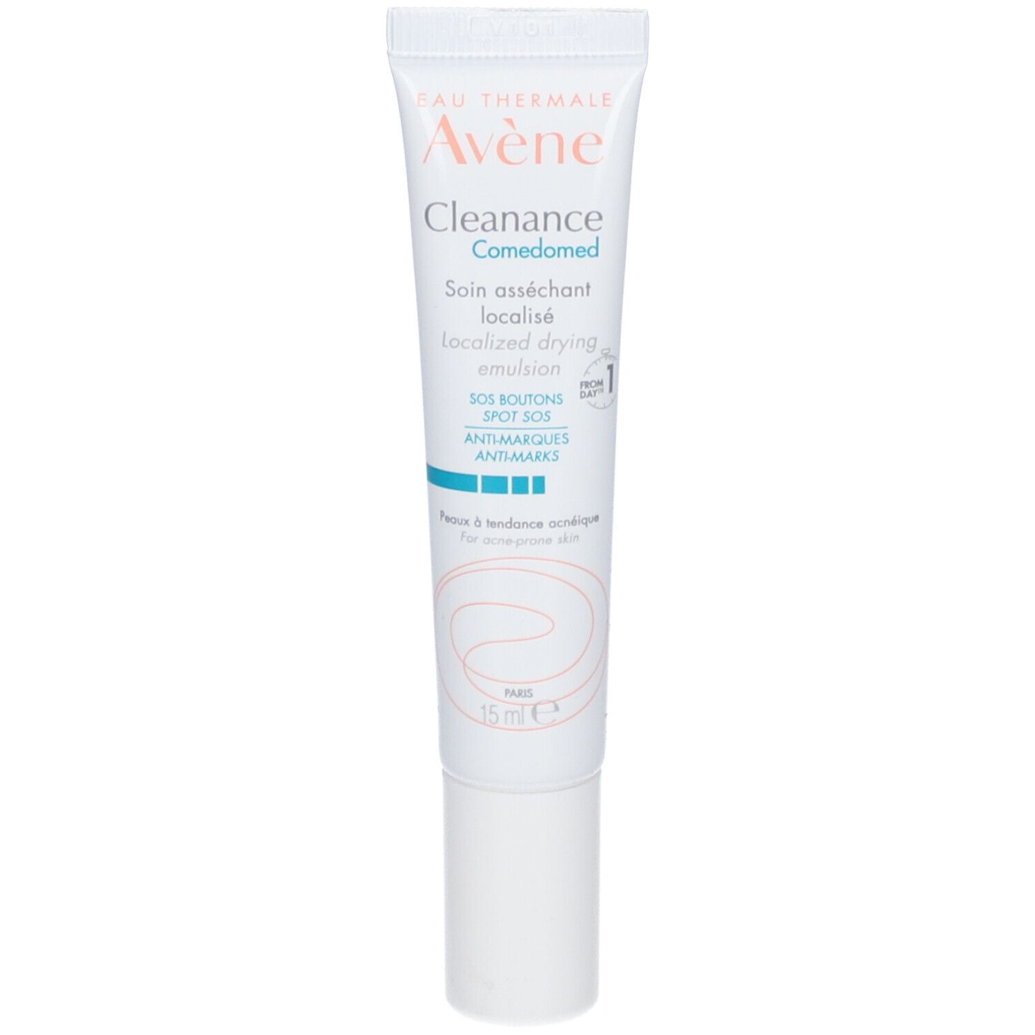 Tube blanc avec nom du produit et accents bleus. Texte : 'Soin asséchant localisé'.