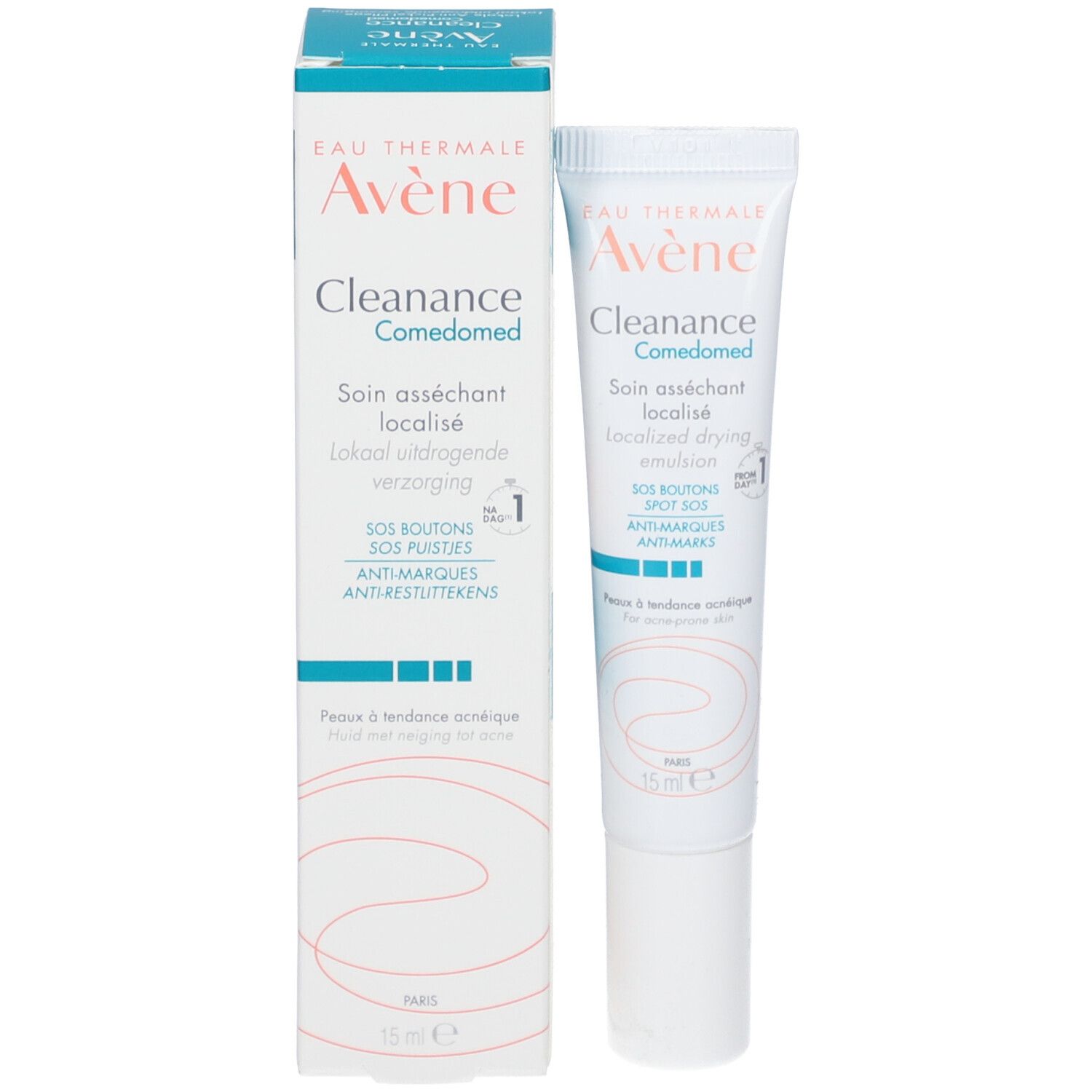 Produit et emballage côte à côte. Tube blanc et boîte avec nom et accents bleus.