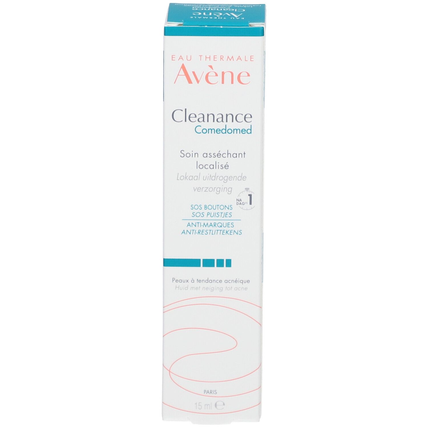 Boîte verticale avec nom du produit et accents bleus. Texte : 'Soin asséchant localisé'.