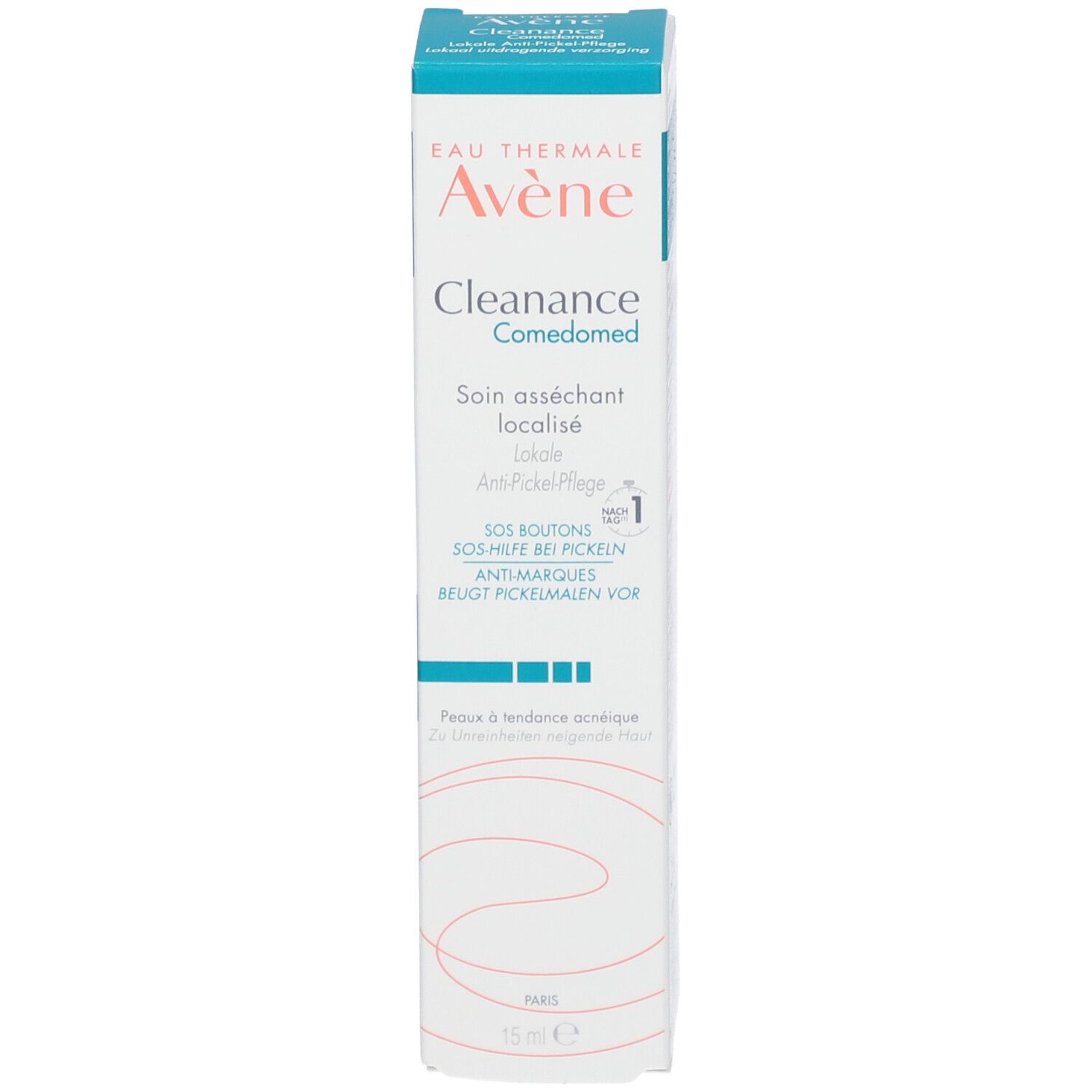 Boîte verticale avec nom du produit et accents bleus. Texte : 'Soin asséchant localisé'.