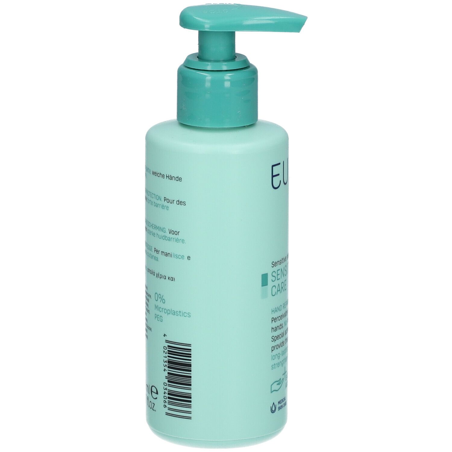 Flacon vert clair avec pompe. Dos avec texte. Inscription: Sensitive Care. 0% microplastiques.