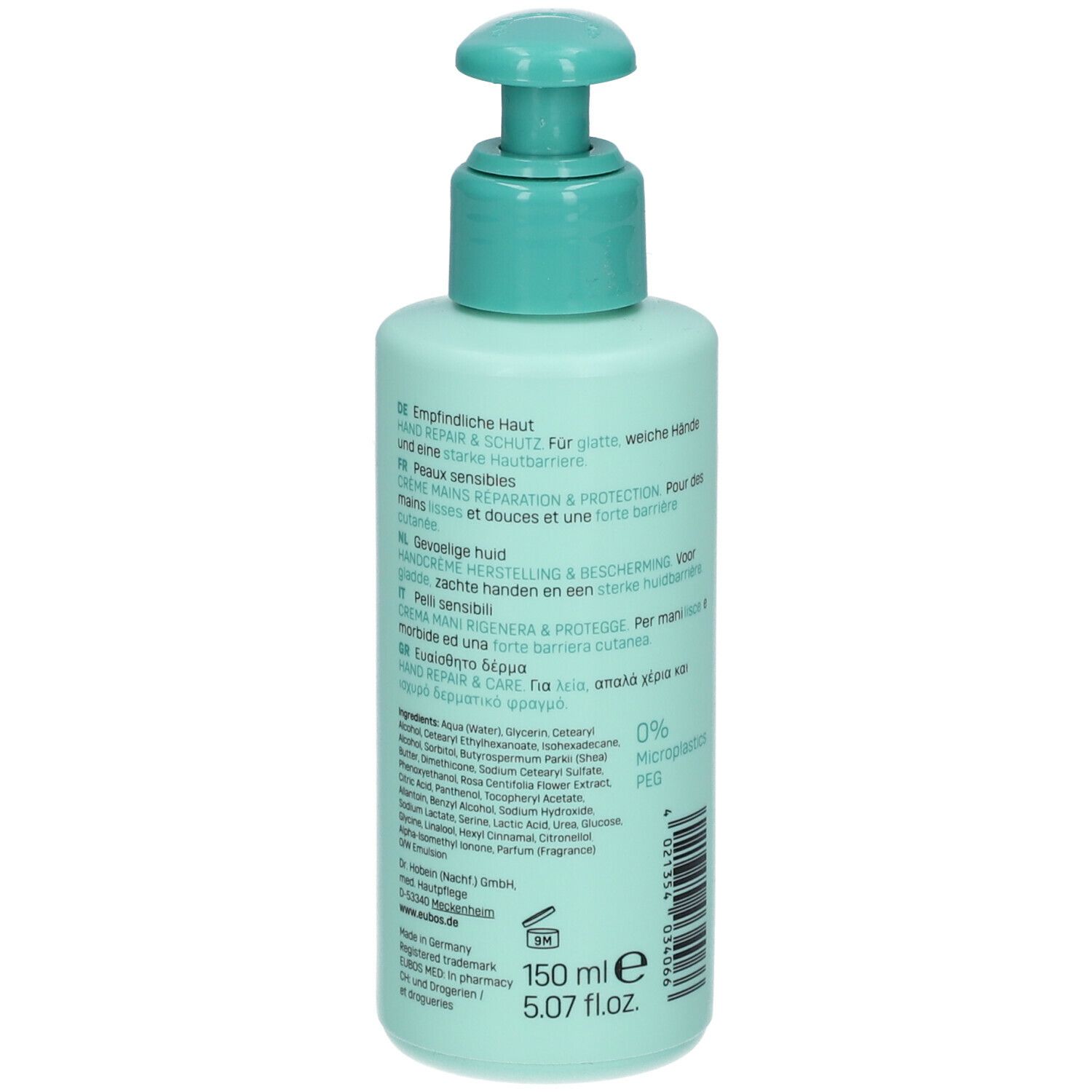 Flacon vert clair avec pompe. Dos avec texte. Inscription: 150 ml, ingrédients, EUBOS.