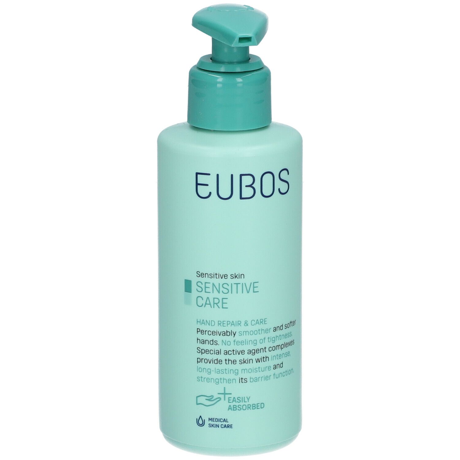Flacon vert clair avec pompe. Inscription: EUBOS, Sensitive Care. Hand Repair & Care. Soin médical de la peau.