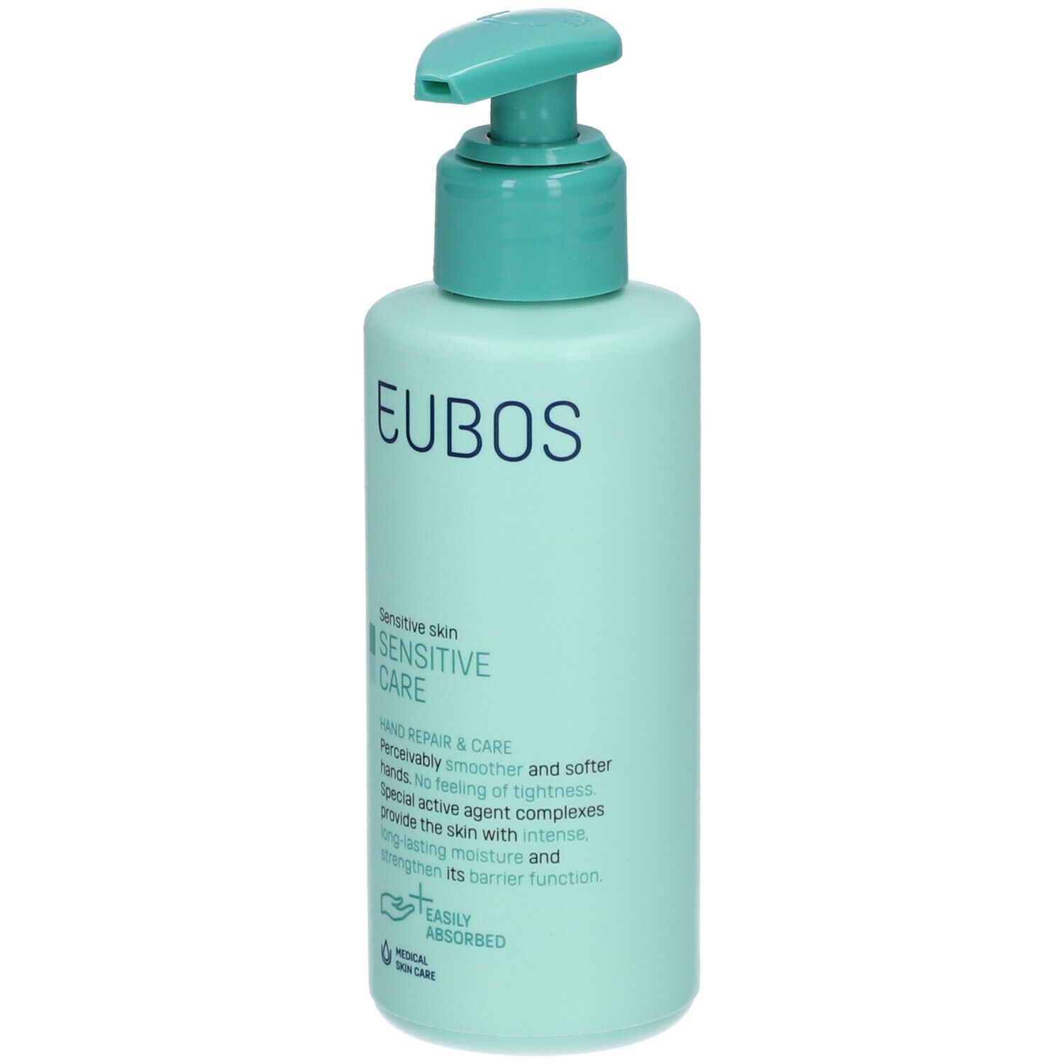Flacon vert clair avec pompe. Inscription: EUBOS, Sensitive Care. Hand Repair & Care. Soin médical de la peau.
