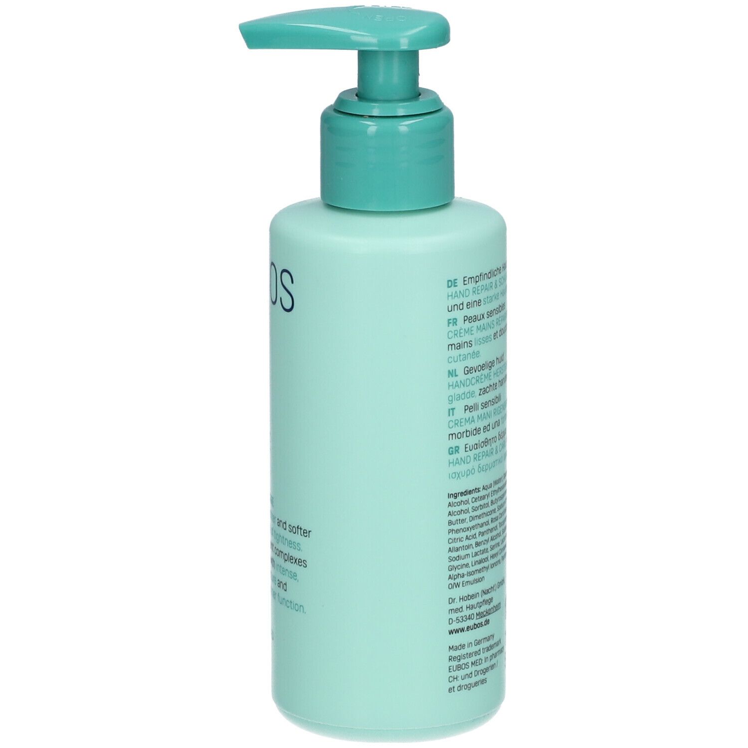 Flacon vert clair avec pompe. Dos avec texte. Inscription: Peau sensible, Hand Repair & Care, ingrédients.
