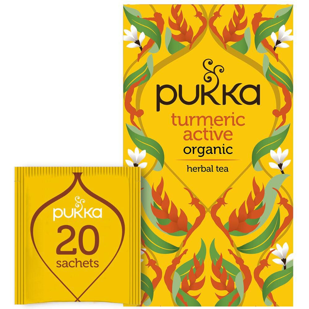 Gelbe Verpackung mit Pukka-Logo und 20 Teebeuteln. Aufschrift: Turmeric Active Organic Herbal Tea.