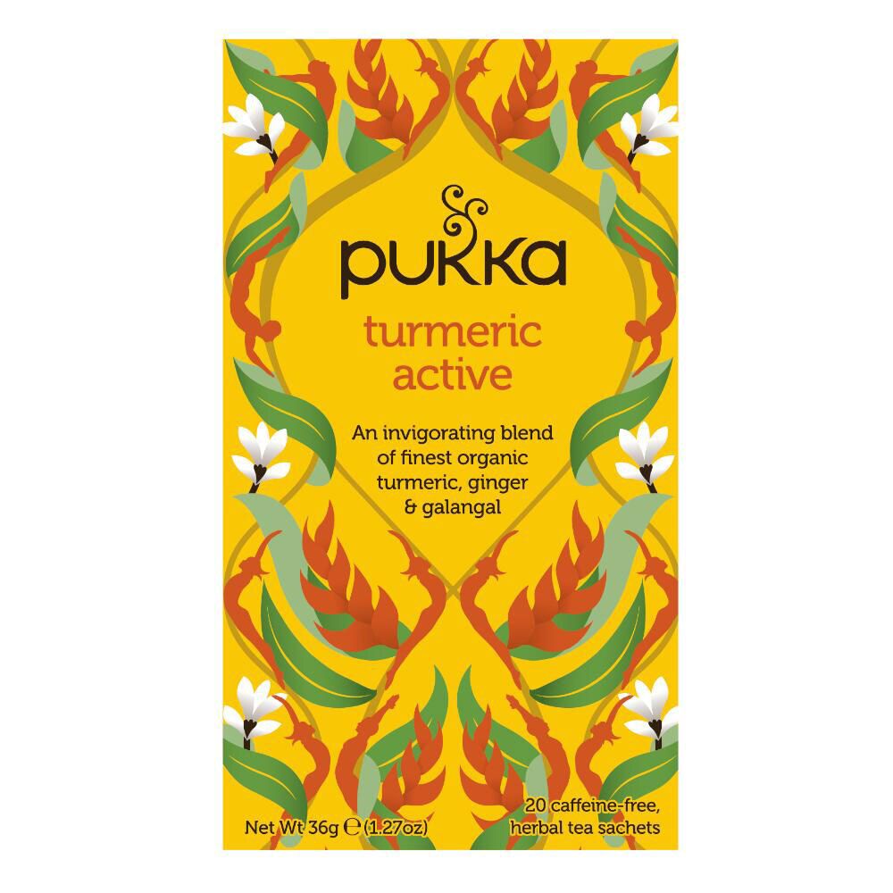 Gelbe Verpackung mit Pukka-Logo. Aufschrift: Turmeric Active. Enthält 20 koffeinfreie Kräutertees.