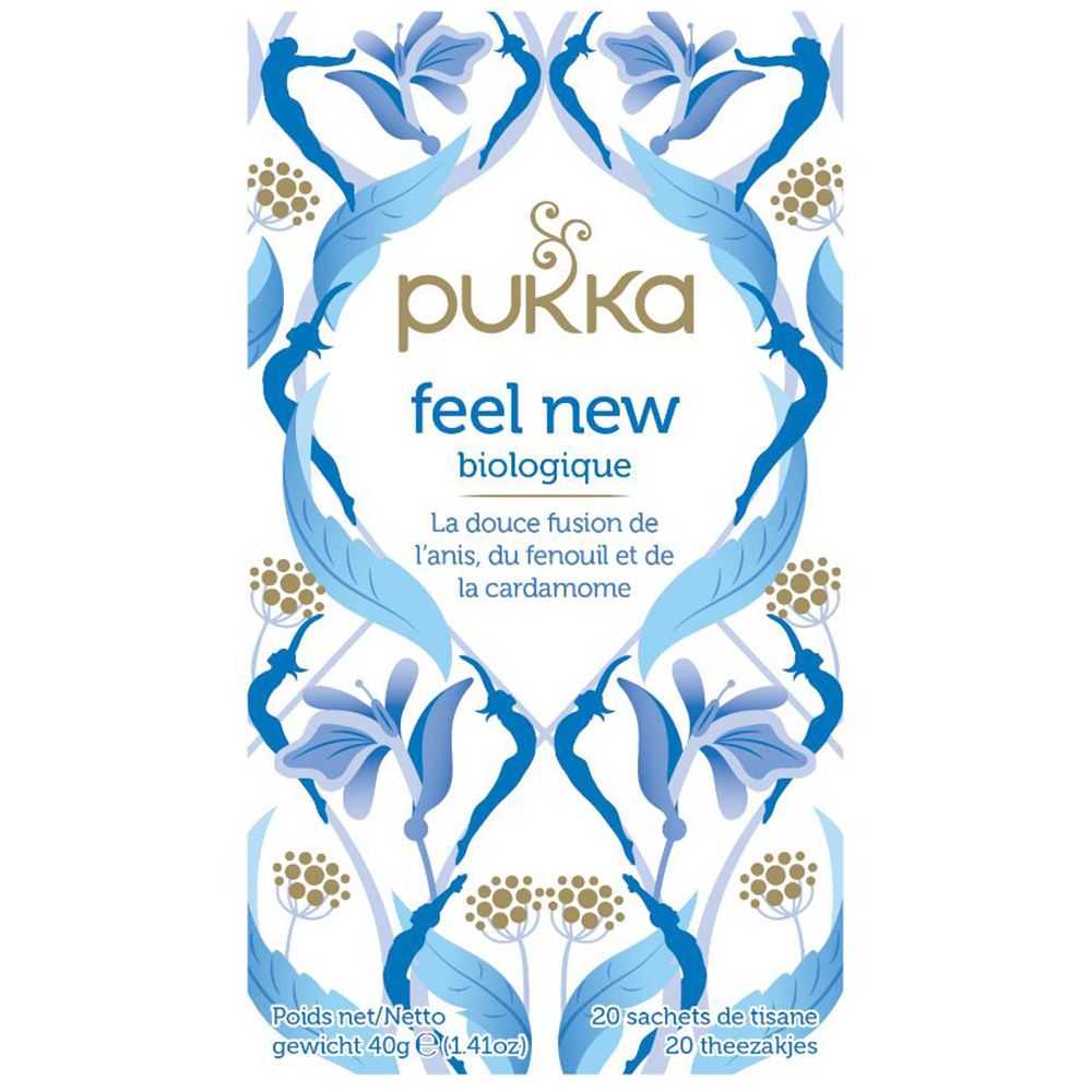 Boîte de thé Pukka Feel New. Blanc avec motif floral bleu. Texte: Feel New, biologique, 20 sachets de thé.