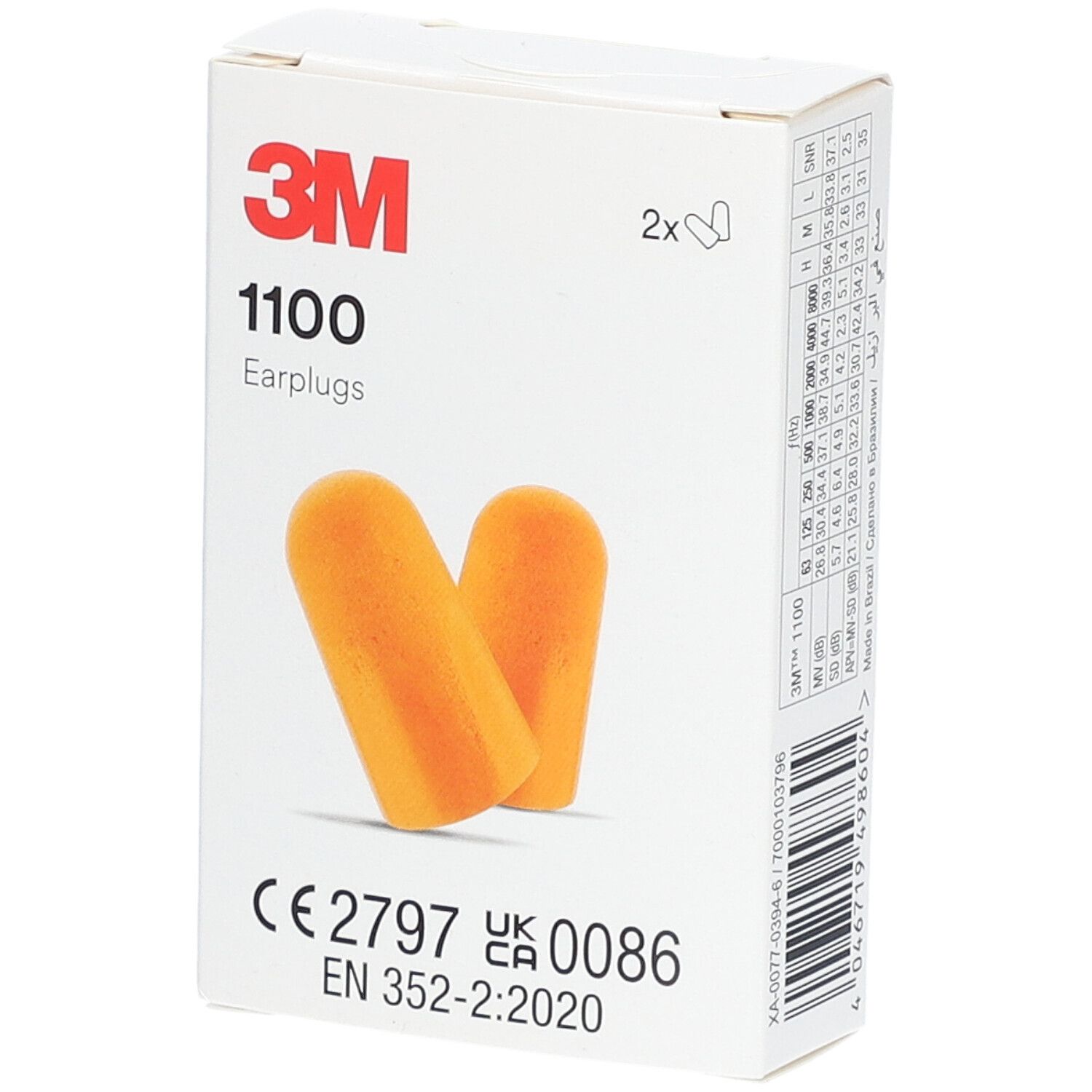 Verpakking met twee oranje oordopjes. Opschrift: 3M, 1100, Earplugs. CE-markering en EN-norm.