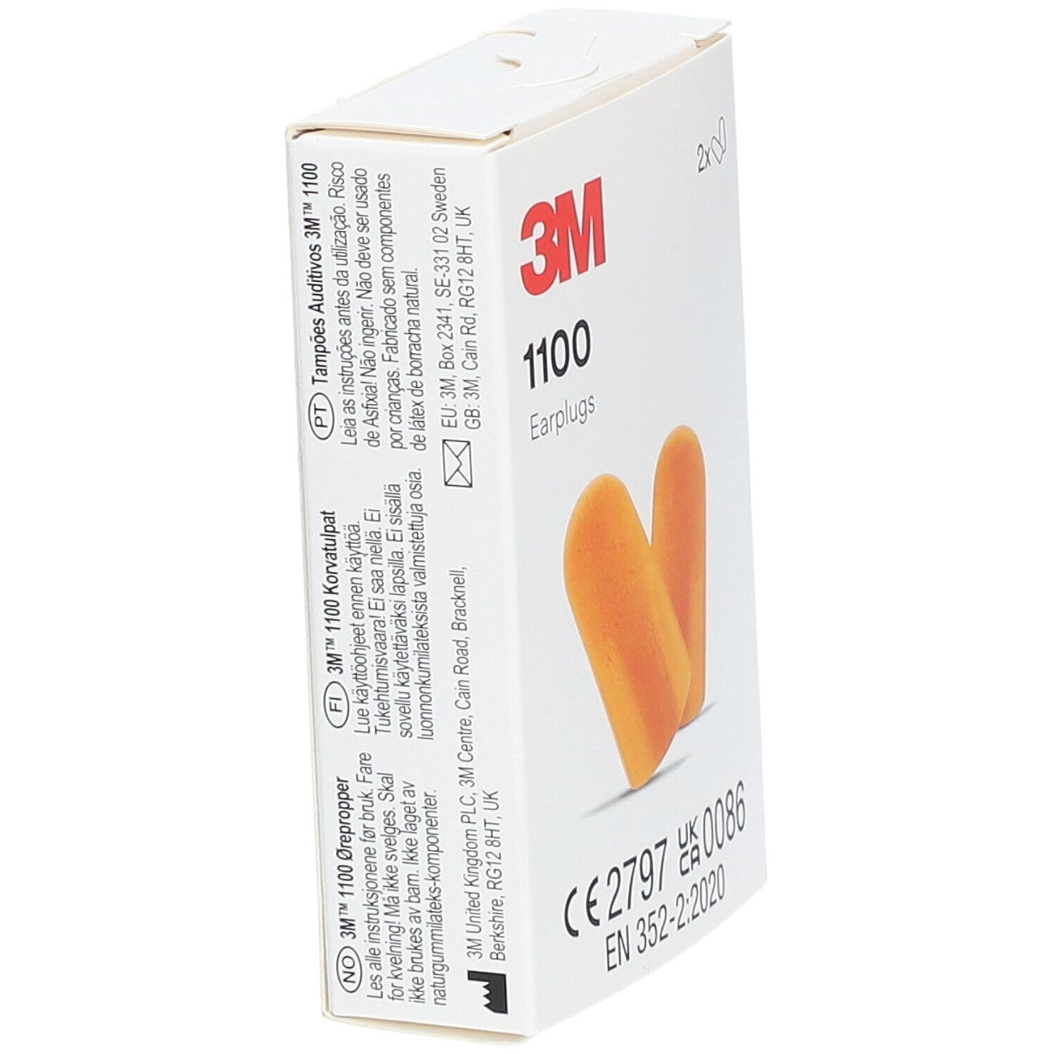 Doosje met oordopjes. Opschrift: 3M, 1100, Earplugs. Meertalige tekst. CE-markering en EN-norm.