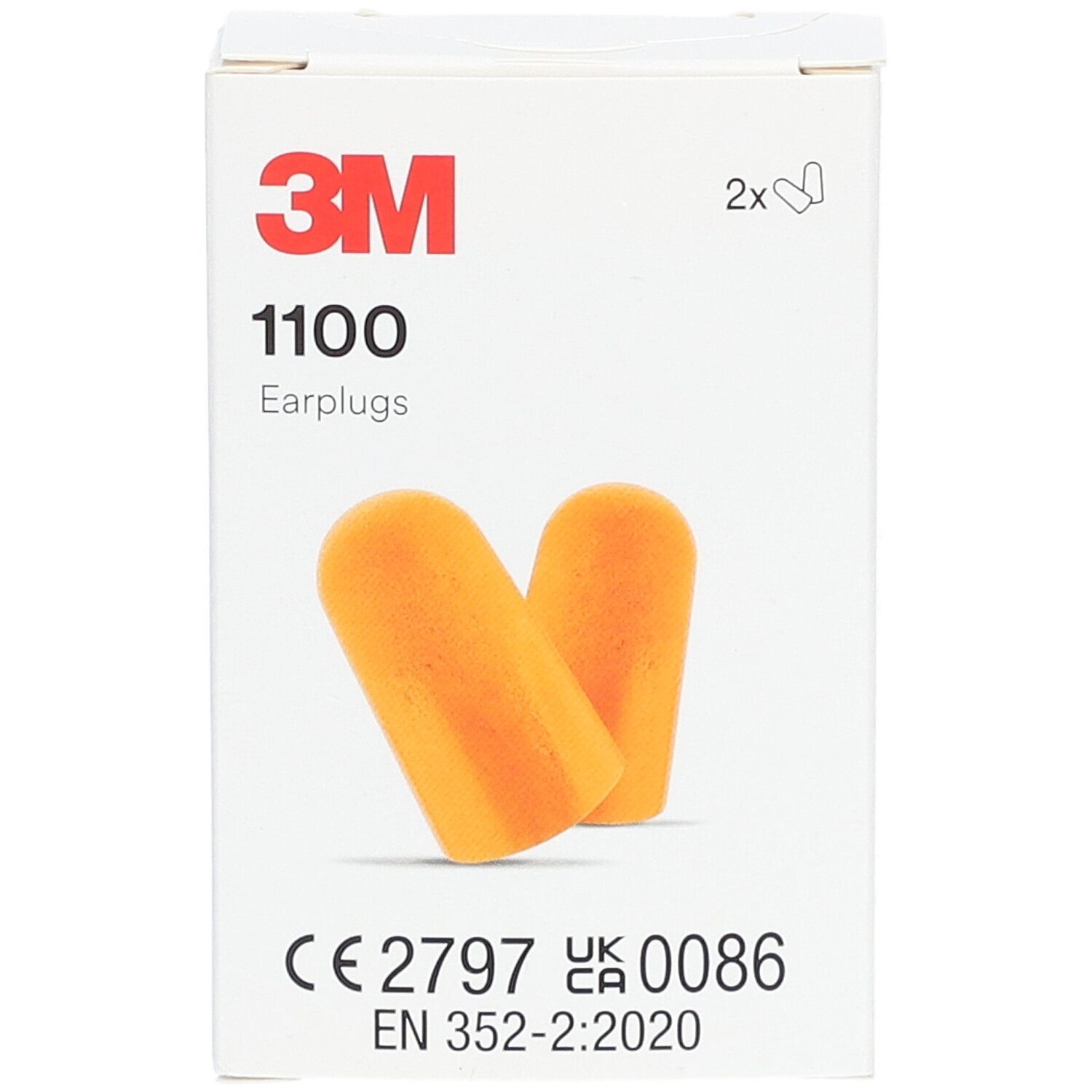 Verpakking met twee oranje oordopjes. Opschrift: 3M, 1100, Earplugs. CE-markering en EN-norm.
