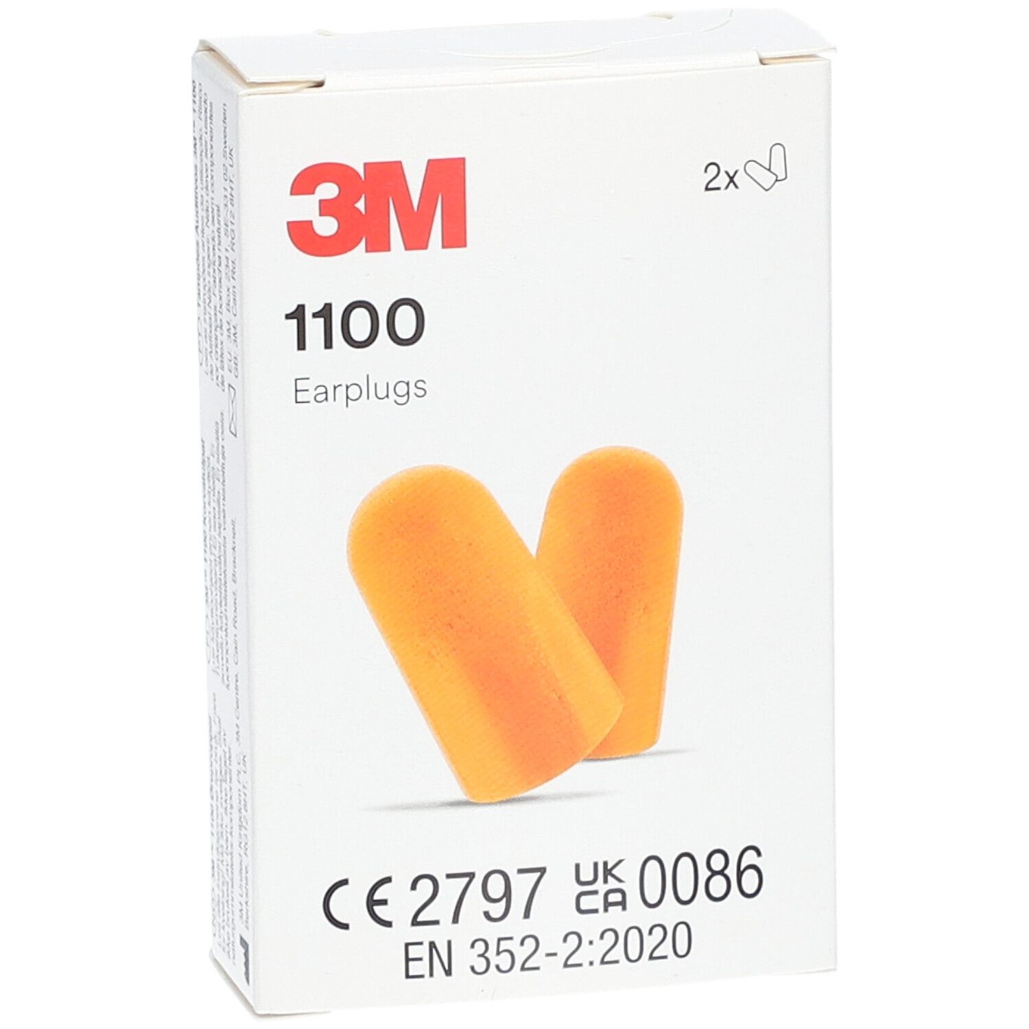 Verpakking met twee oranje oordopjes. Opschrift: 3M, 1100, Earplugs. CE-markering en EN-norm.
