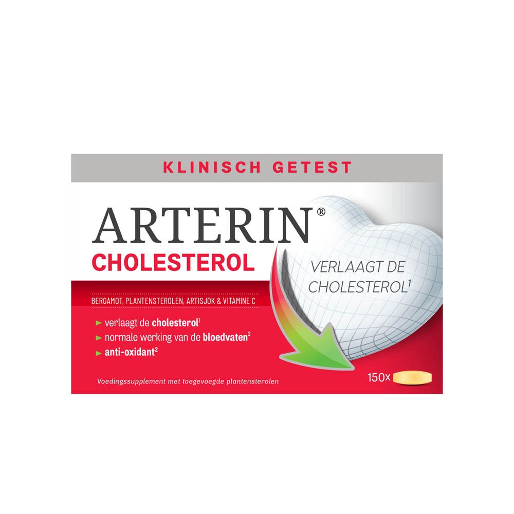 Arterin Cholesterol verpakking. Klinisch getest. Bevat 150 tabletten.