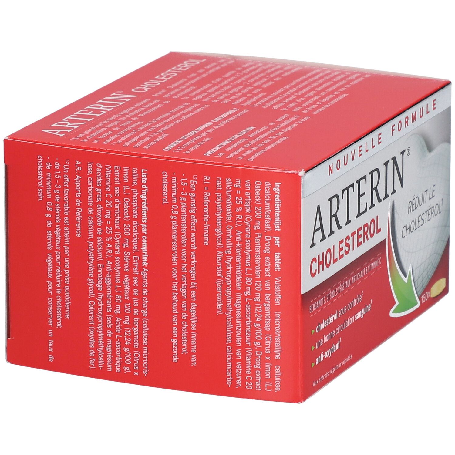 Achterkant van de Arterin Cholesterol doos. Ingrediënten en informatie.