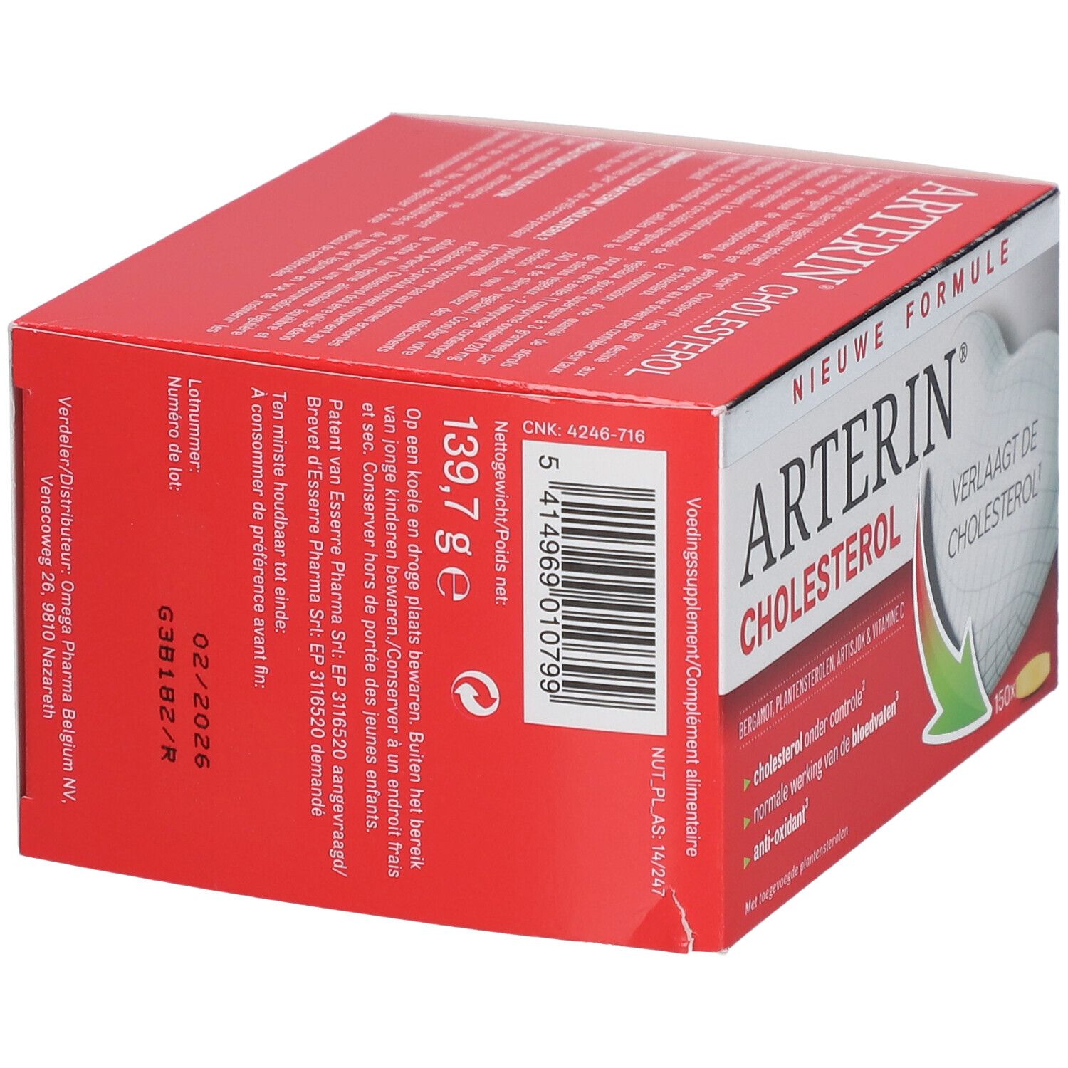 Zijaanzicht van de Arterin Cholesterol doos. Gewicht 139,7 g.
