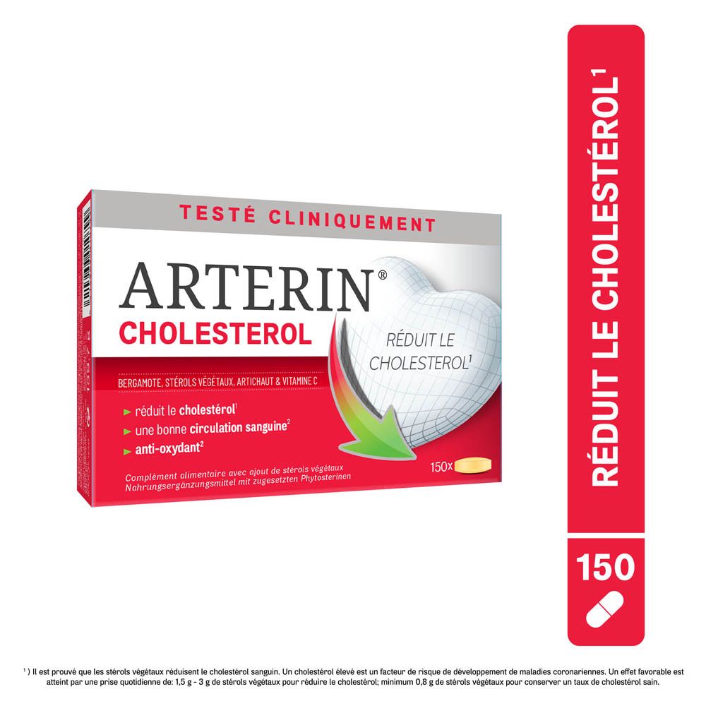 Boîte Arterin Cholestérol avec 150 comprimés et plaquette séparée.