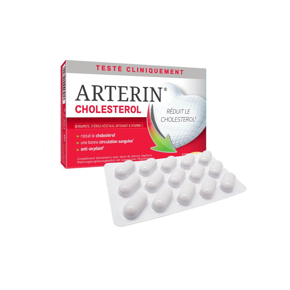 Boîte Arterin Cholestérol avec 150 comprimés et plaquette séparée.