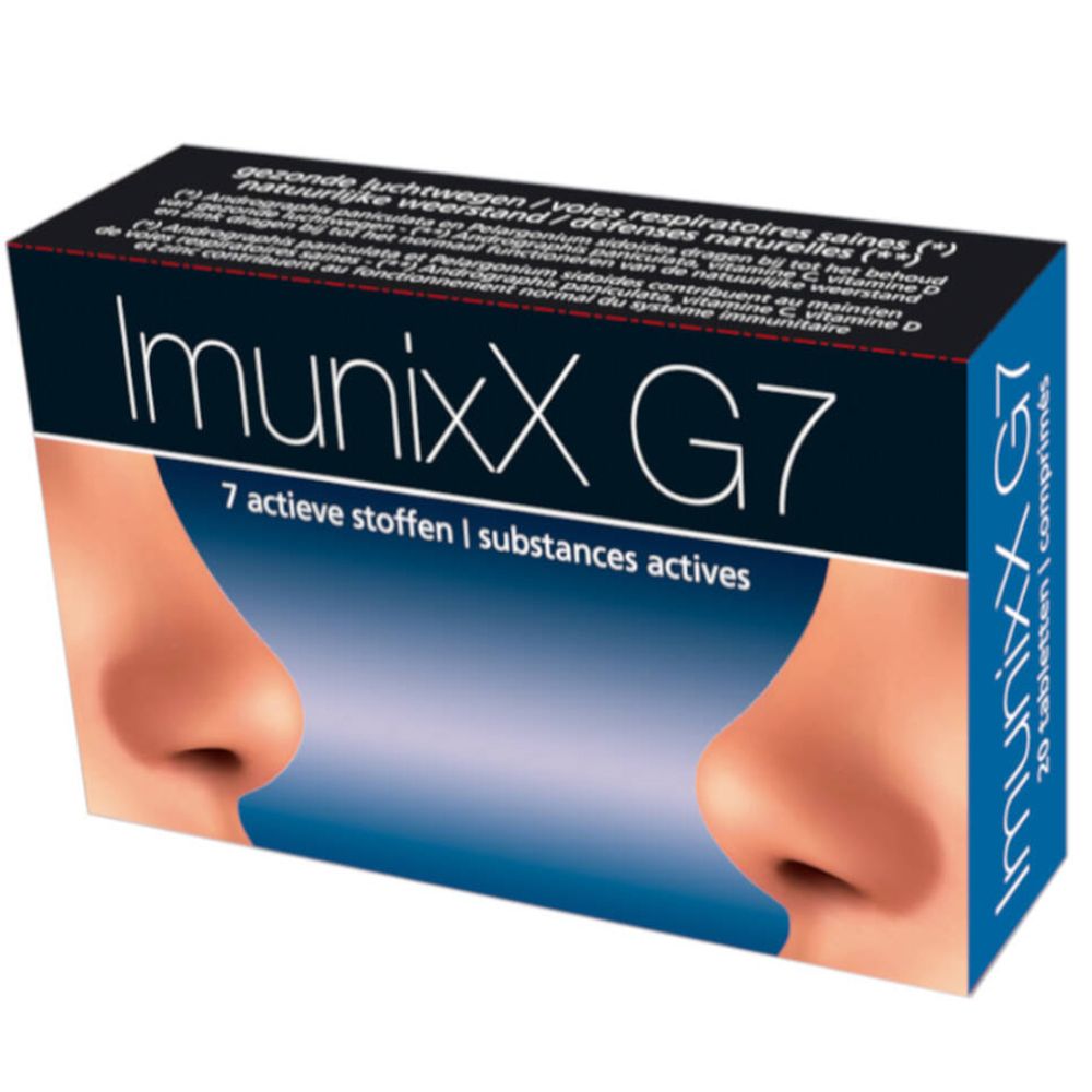 Doos Imunixx G7. Opschrift: 7 actieve stoffen. Afbeelding van twee neuzen. 20 tabletten.