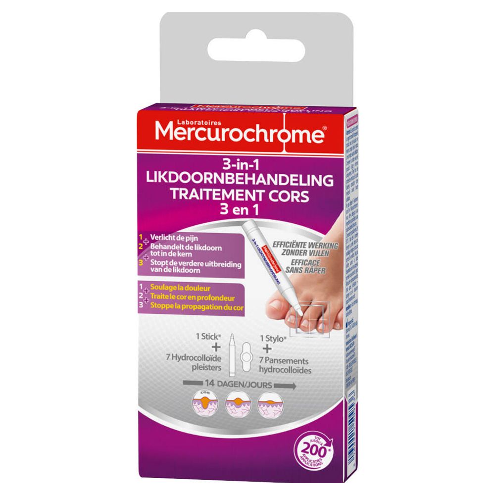 Verpakking Mercurochrome 3-in-1 likdoornbehandeling. Bevat pen, applicator en pleisters. Tekst in het Nederlands en Frans.