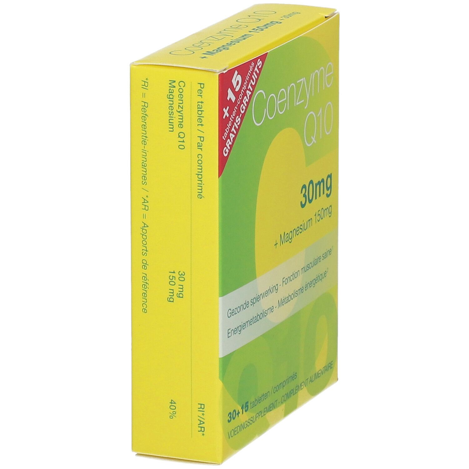 Gele doos, zijaanzicht. "Co-enzym Q10 30mg + Magnesium 150mg". Bevat 30+15 tabletten. Groen-witte accenten.