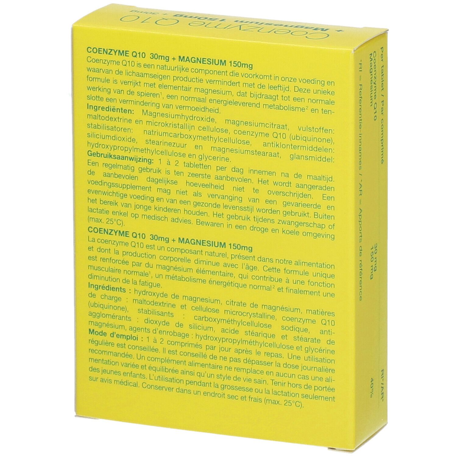 Gele doos, achterkant. Tekst: ingrediënten, gebruiksaanwijzing. "Co-enzym Q10 30mg + Magnesium 150mg".