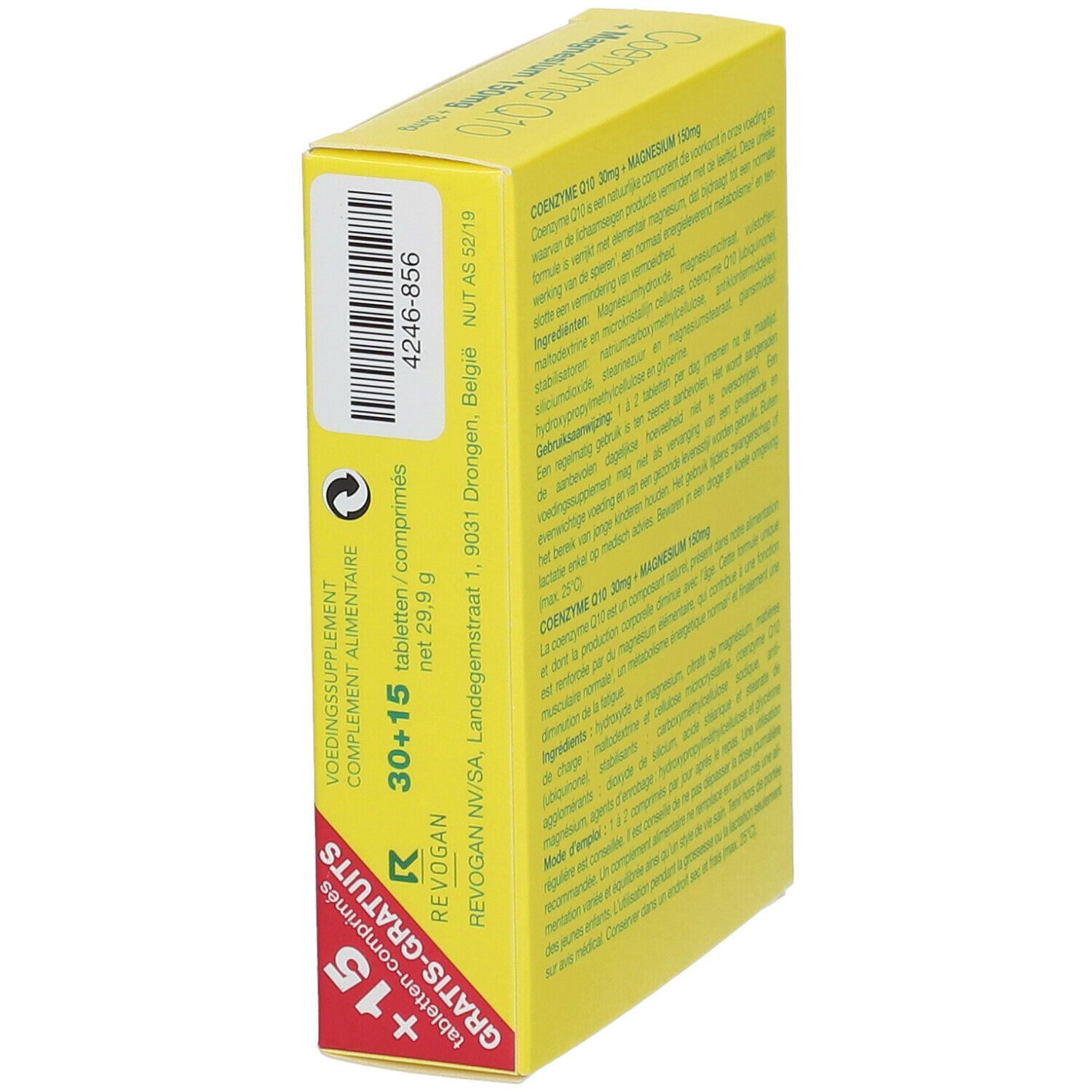 Gele doos, zijaanzicht met barcode en adres. "Co-enzym Q10 30mg + Magnesium 150mg". 30+15 tabletten.