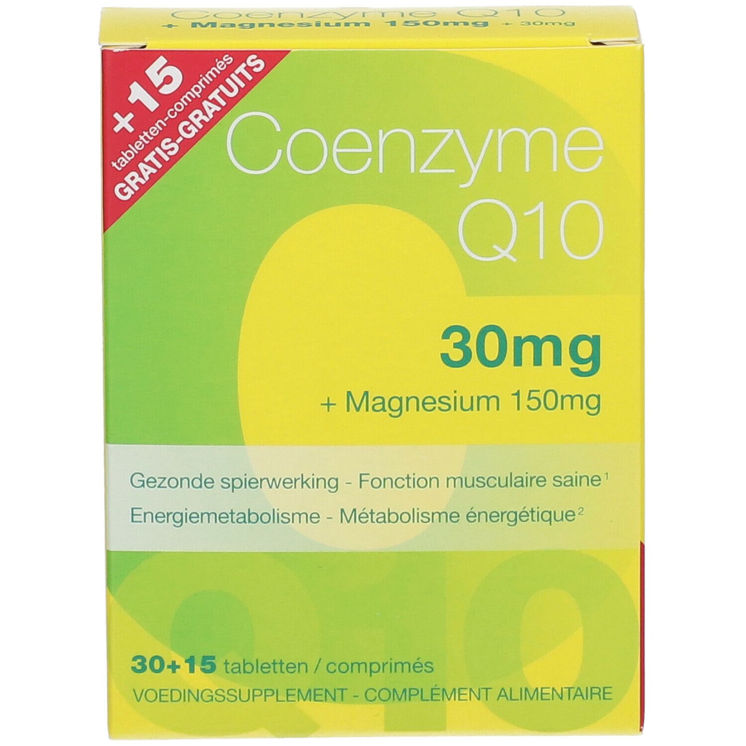 Gele doos met "Co-enzym Q10 30mg + Magnesium 150mg". Bevat 30+15 tabletten. Groen-witte accenten.